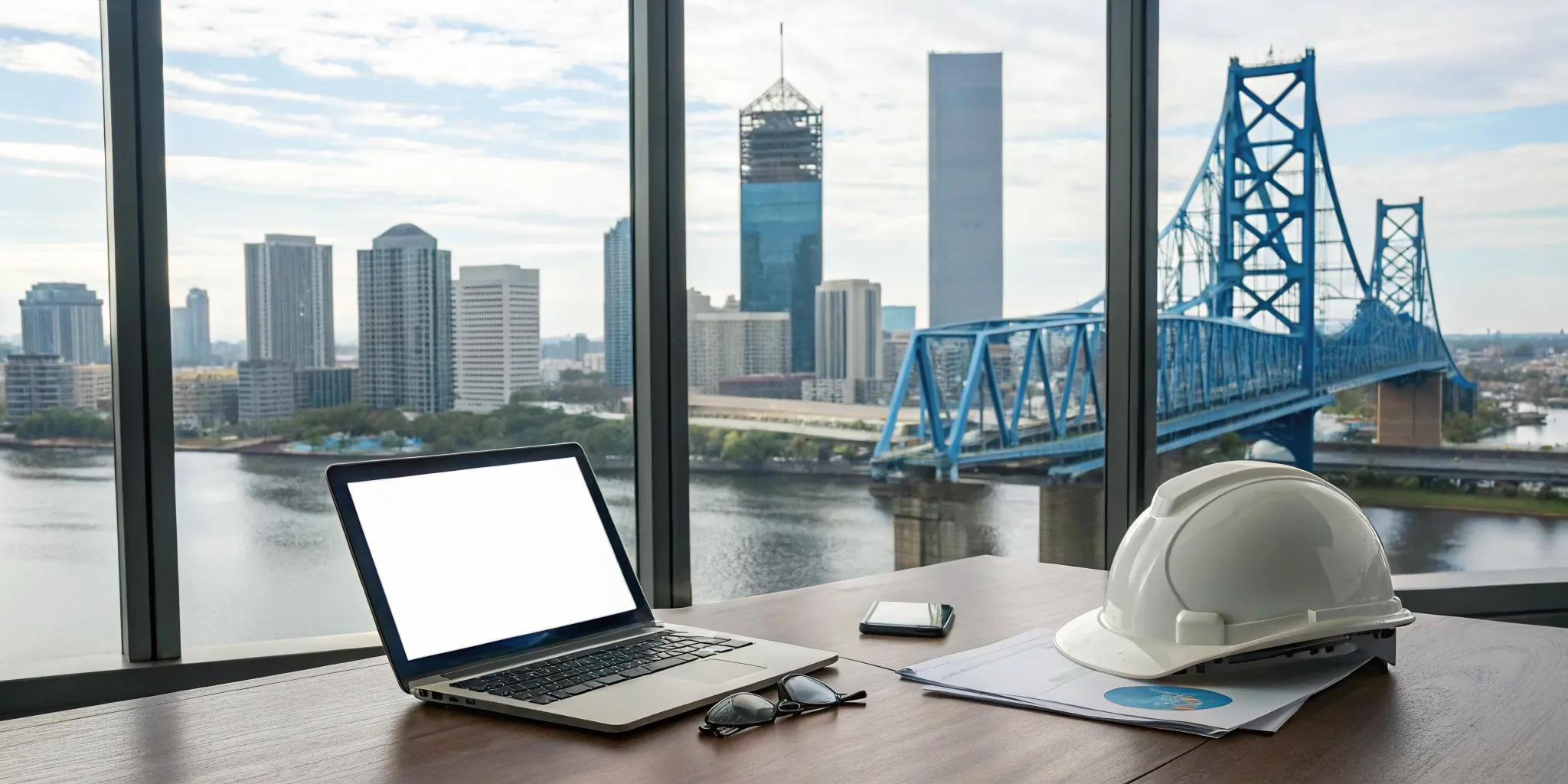 Laptop showing Jacksonville construction permit alerts on a desk with a hard hat and city skyline view.
