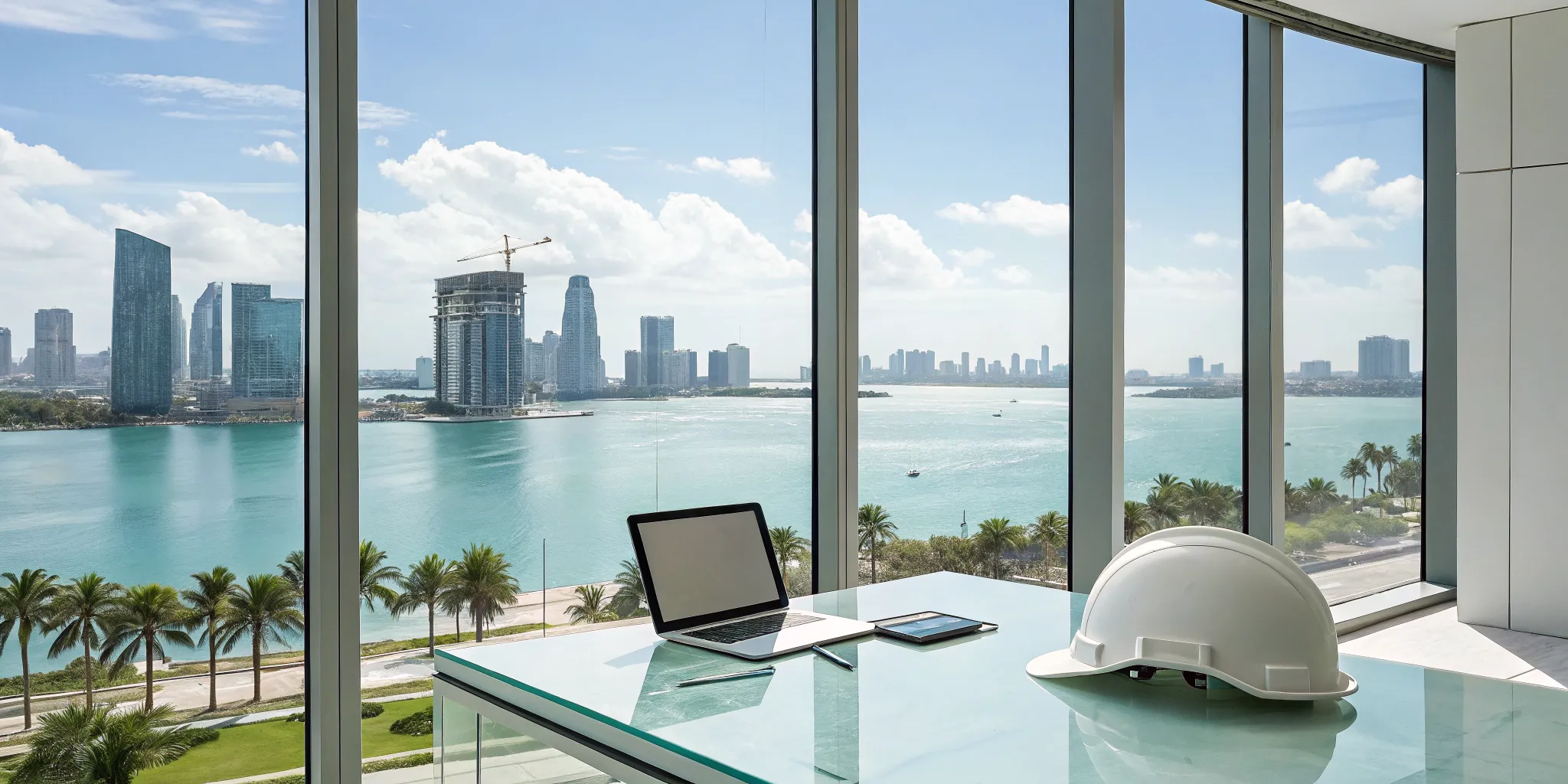 A laptop and hard hat in a Miami office for setting up construction permit alerts.