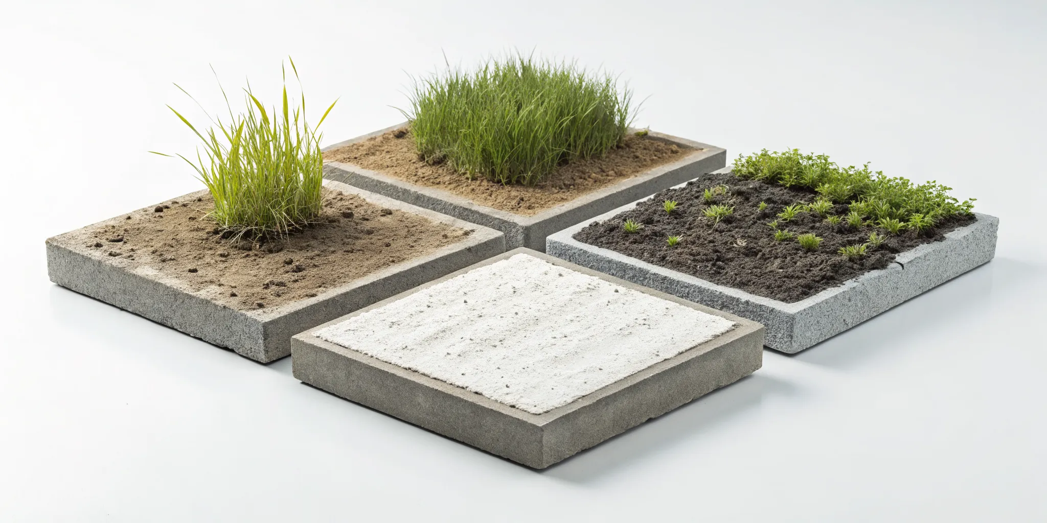 The four stages of land development activity shown on blocks, from bare soil to green vegetation.