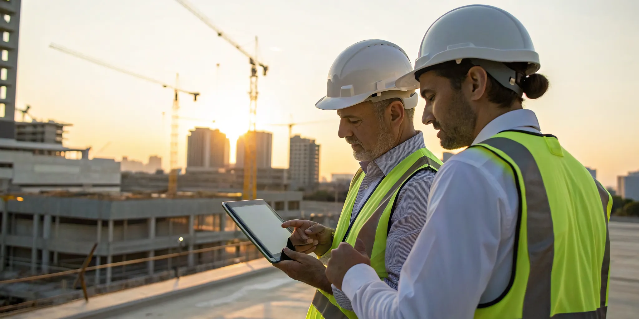 Contractors review Orlando construction project alerts on a tablet at a job site.