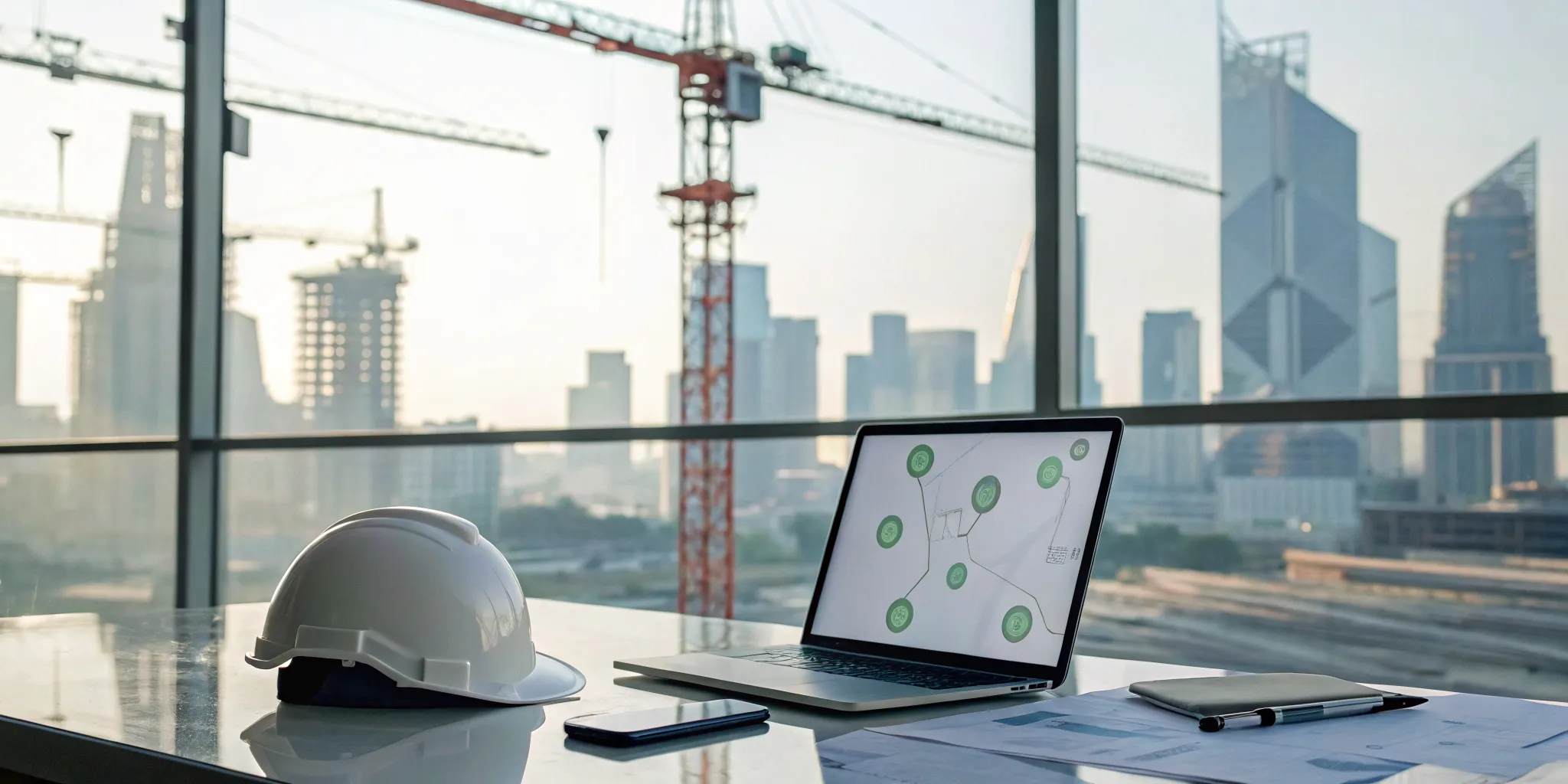 Using construction permit alerts on a laptop to find new projects, with a hard hat on the desk.