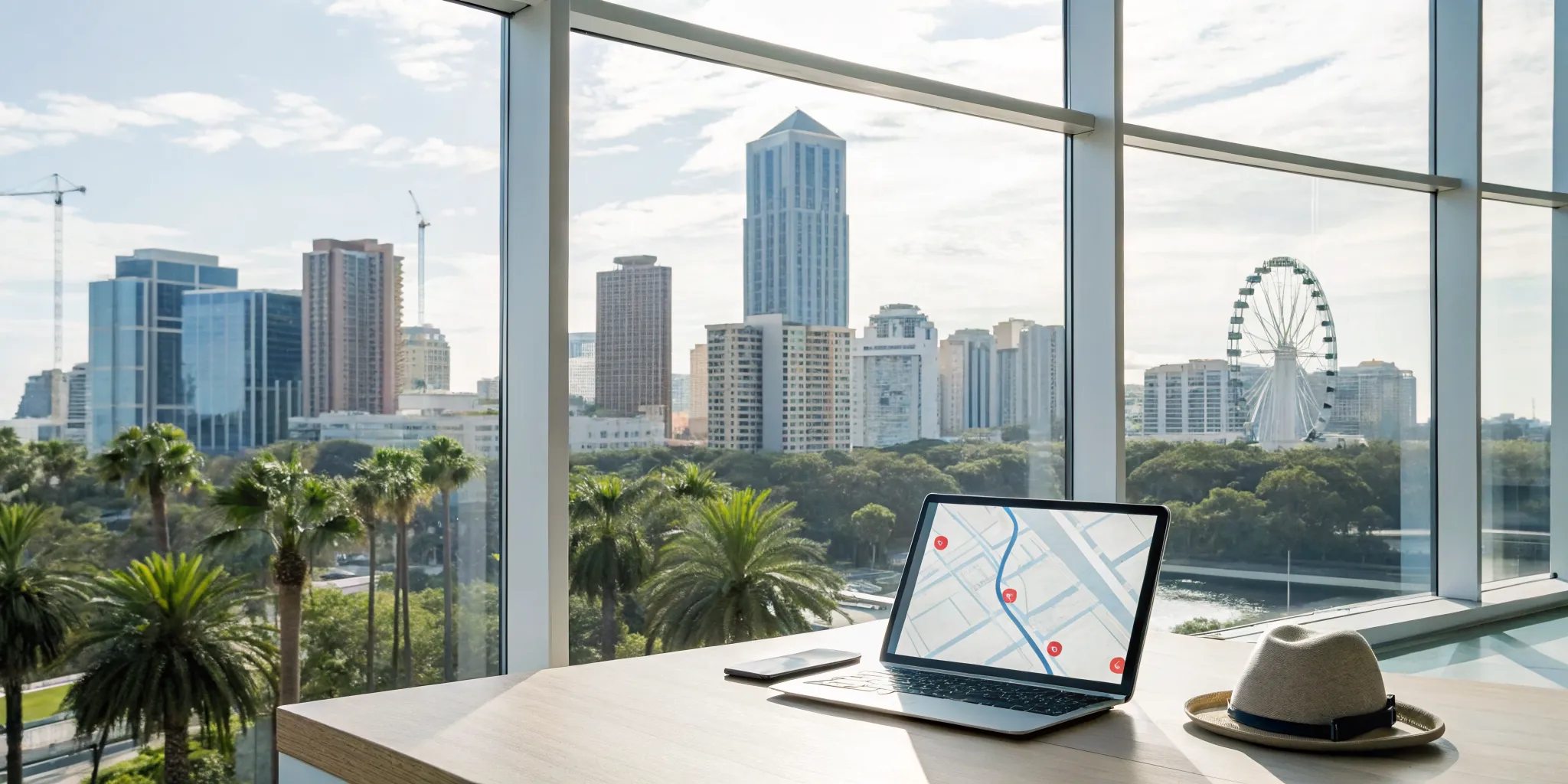 Tracking Orlando construction permit alerts on a laptop with a view of the city's cranes and skyline.