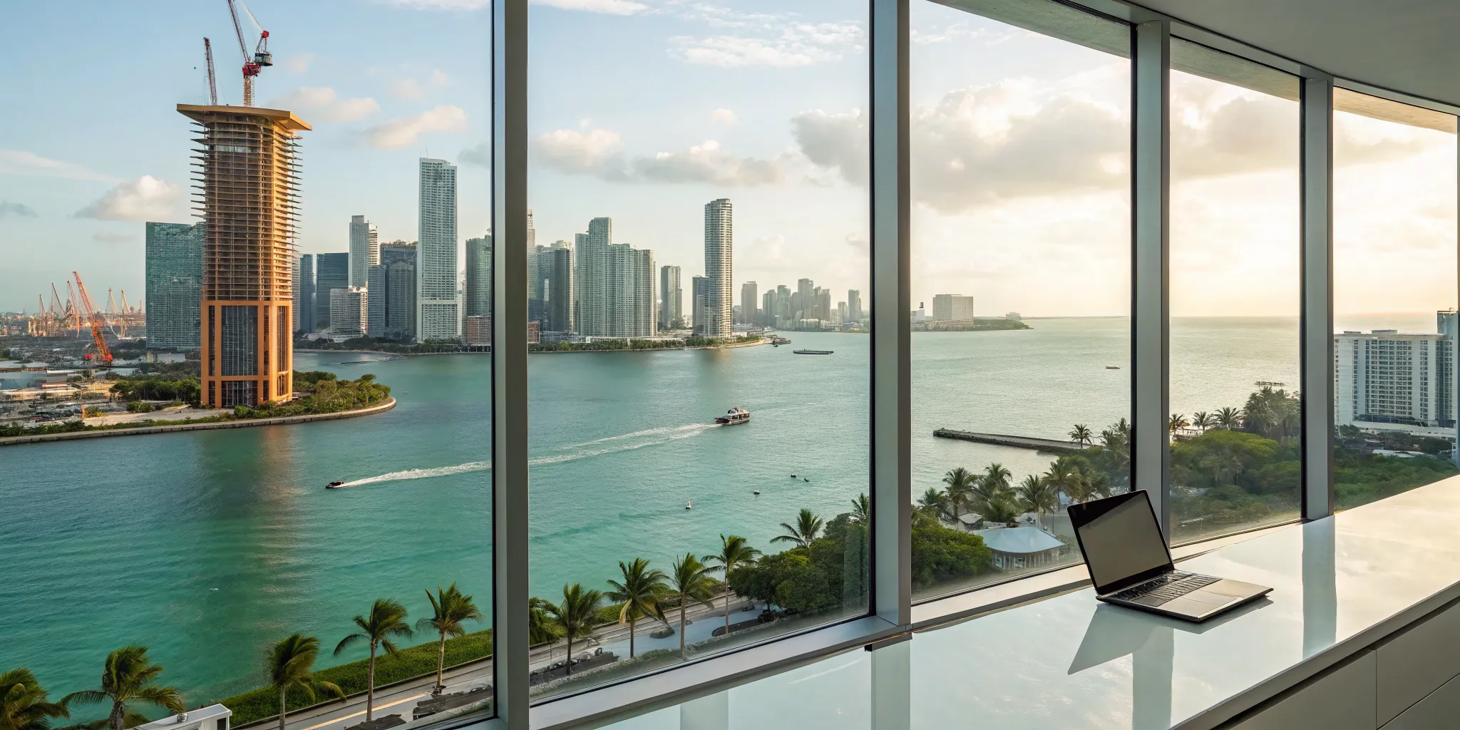 Getting Miami construction project alerts on a laptop overlooking the city's cranes and high-rises.