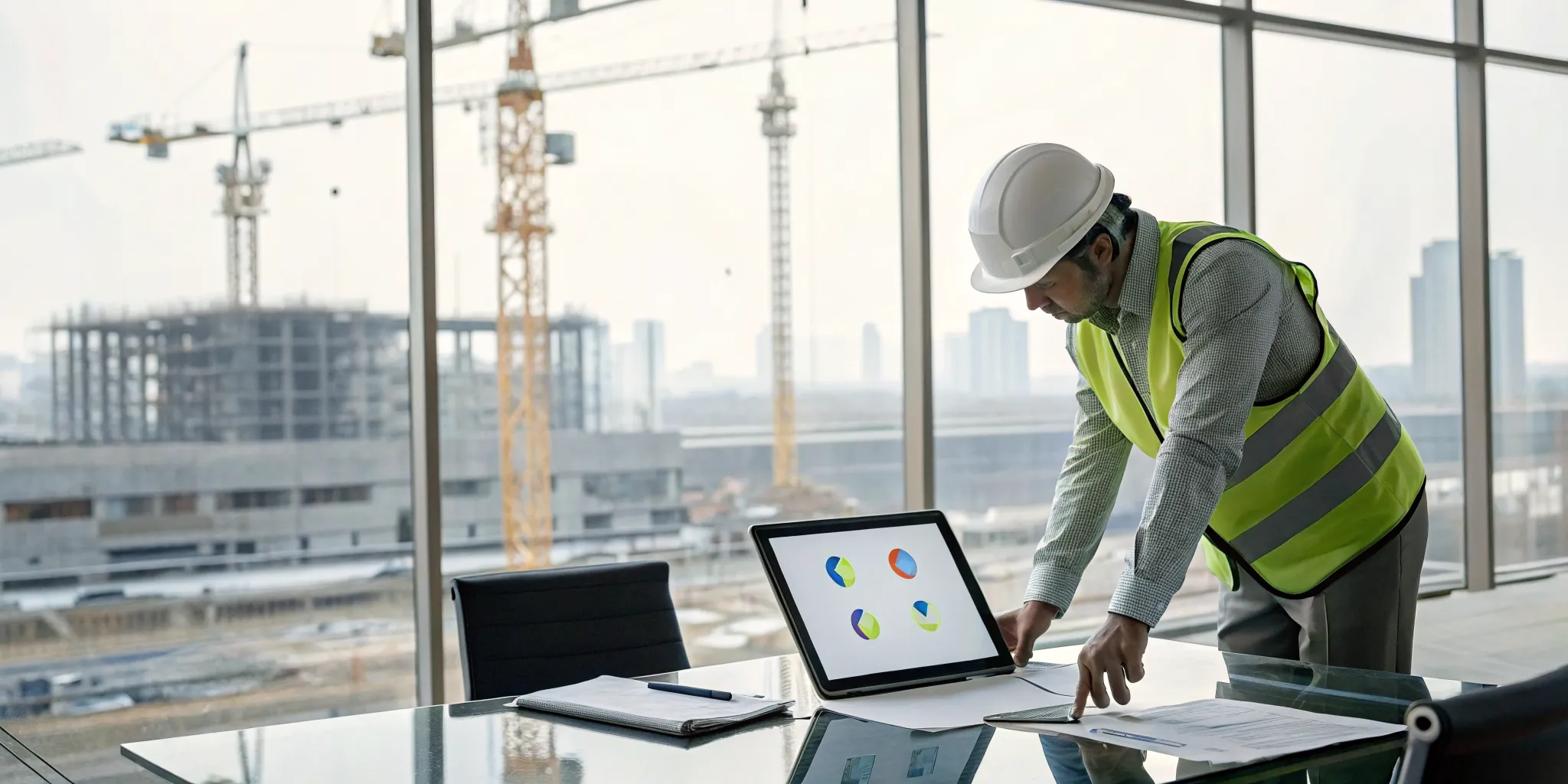 Contractor finds new construction project opportunities using alerts on a laptop.