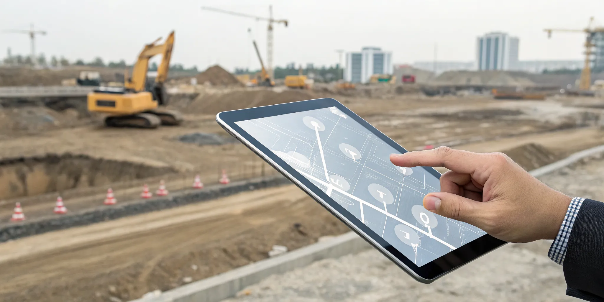 Contractor views groundbreaking project alerts on a tablet at an early-stage construction site.