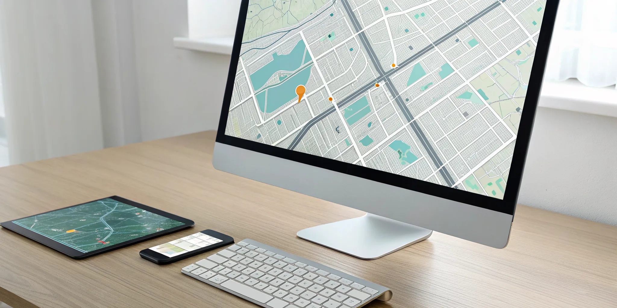 A laptop and tablet displaying construction permit alerts and project locations on a map.
