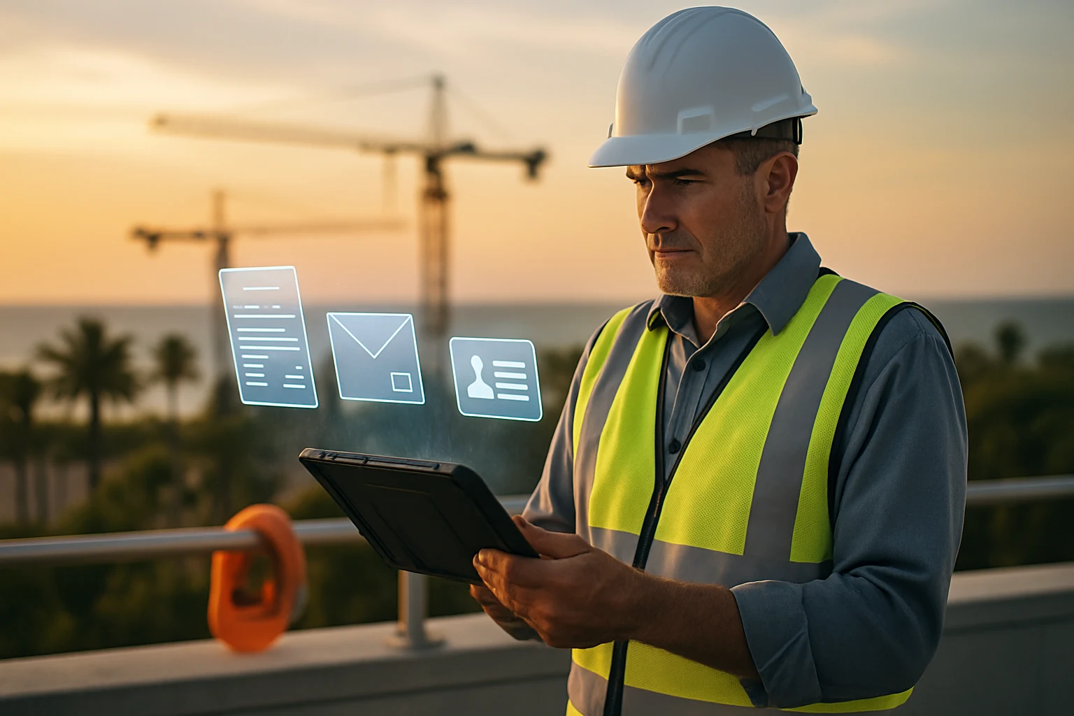 Manager on rooftop with floating translucent documents and data