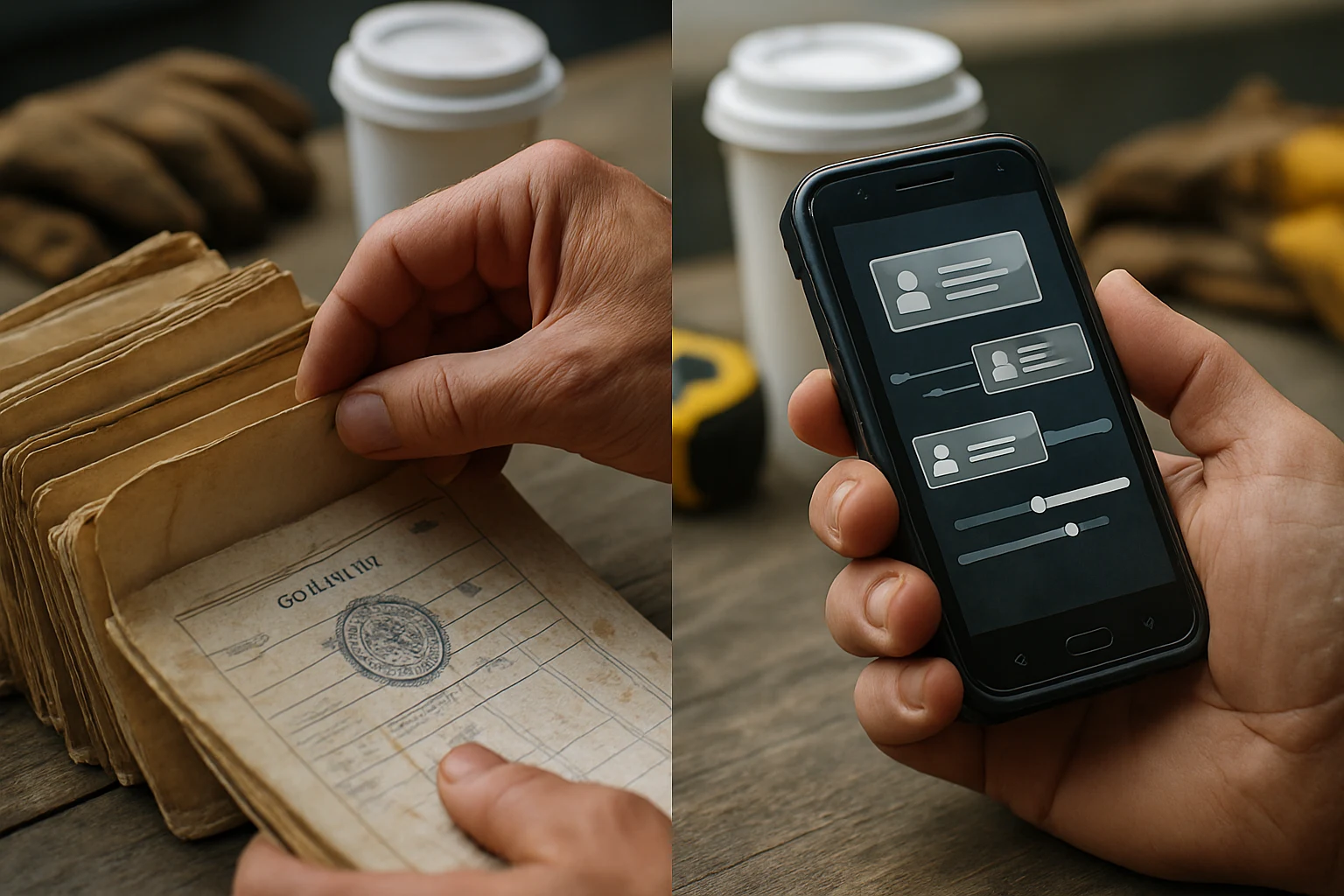 Hands sorting weathered paper forms beside a glowing rugged device