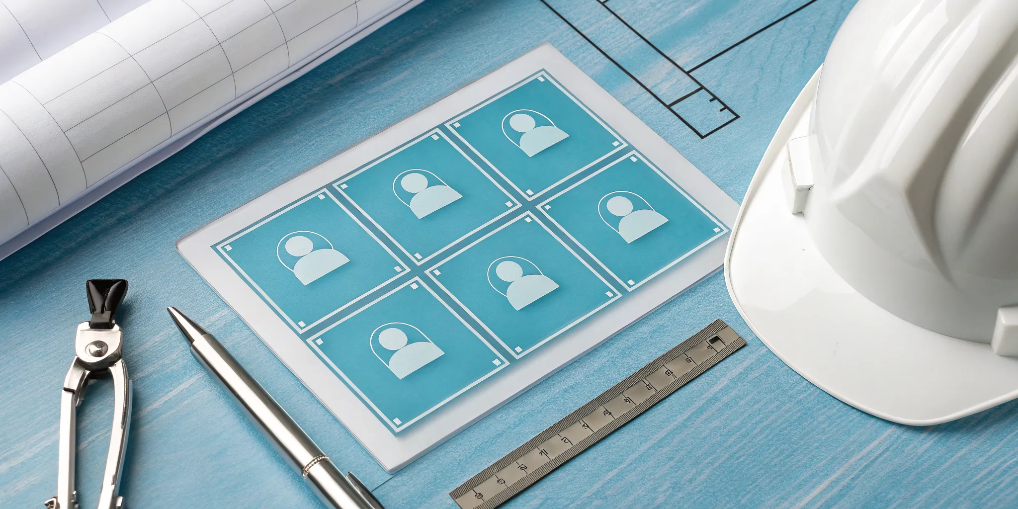 An online architect and engineer directory with professional profiles, a blueprint, and a hard hat.