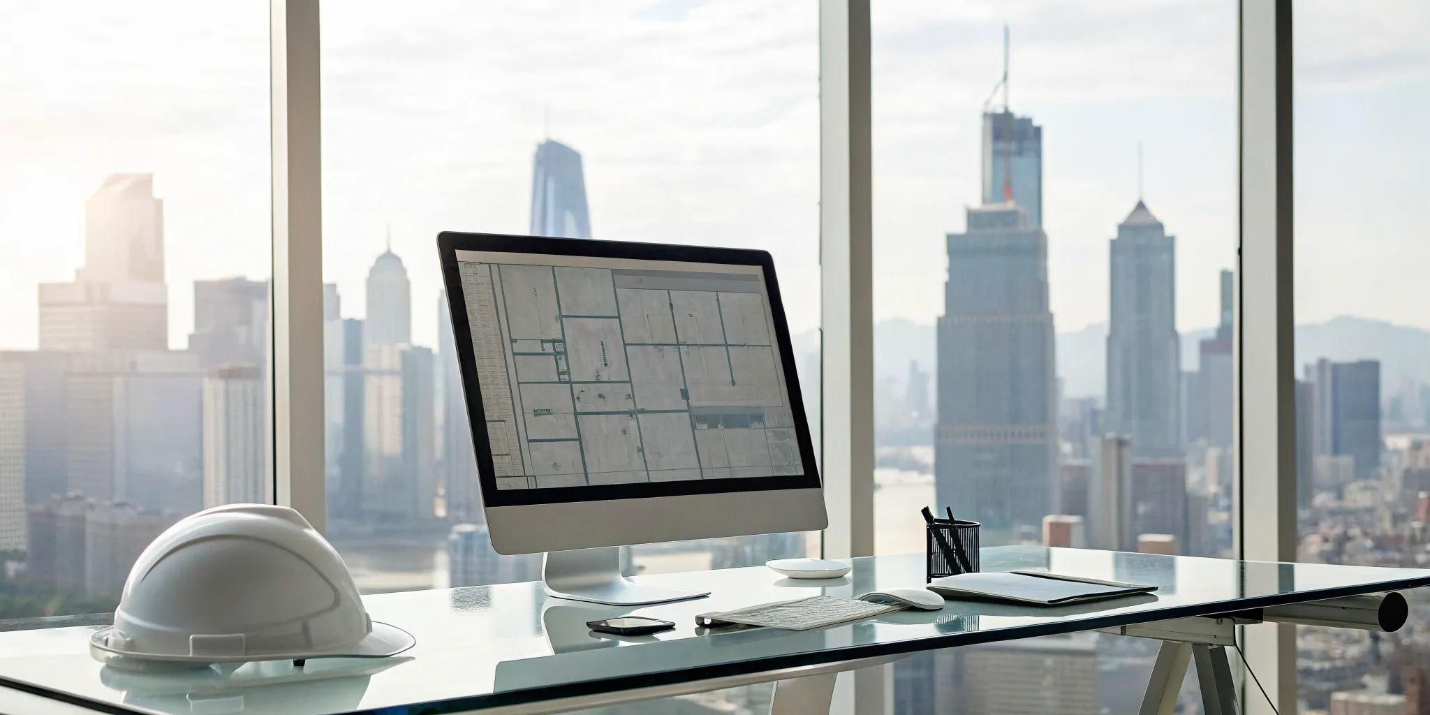 A desk with a digital building plan on a computer, a modern alternative to a traditional construction plan room.