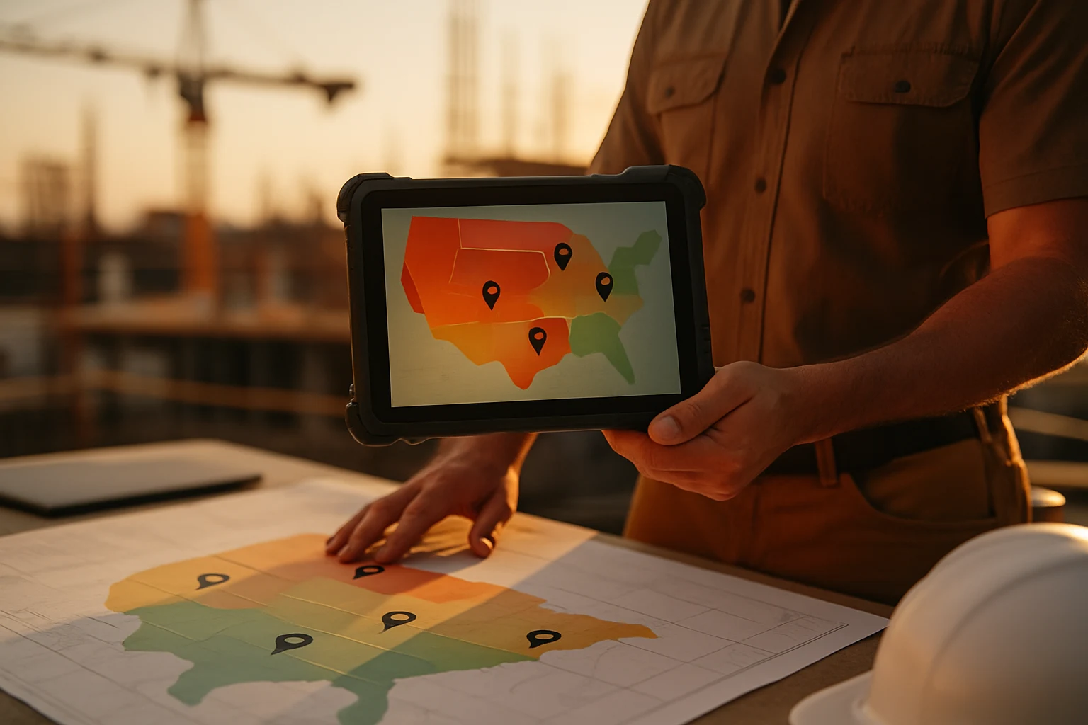 Hands hold a tablet over a regional site map with overlays