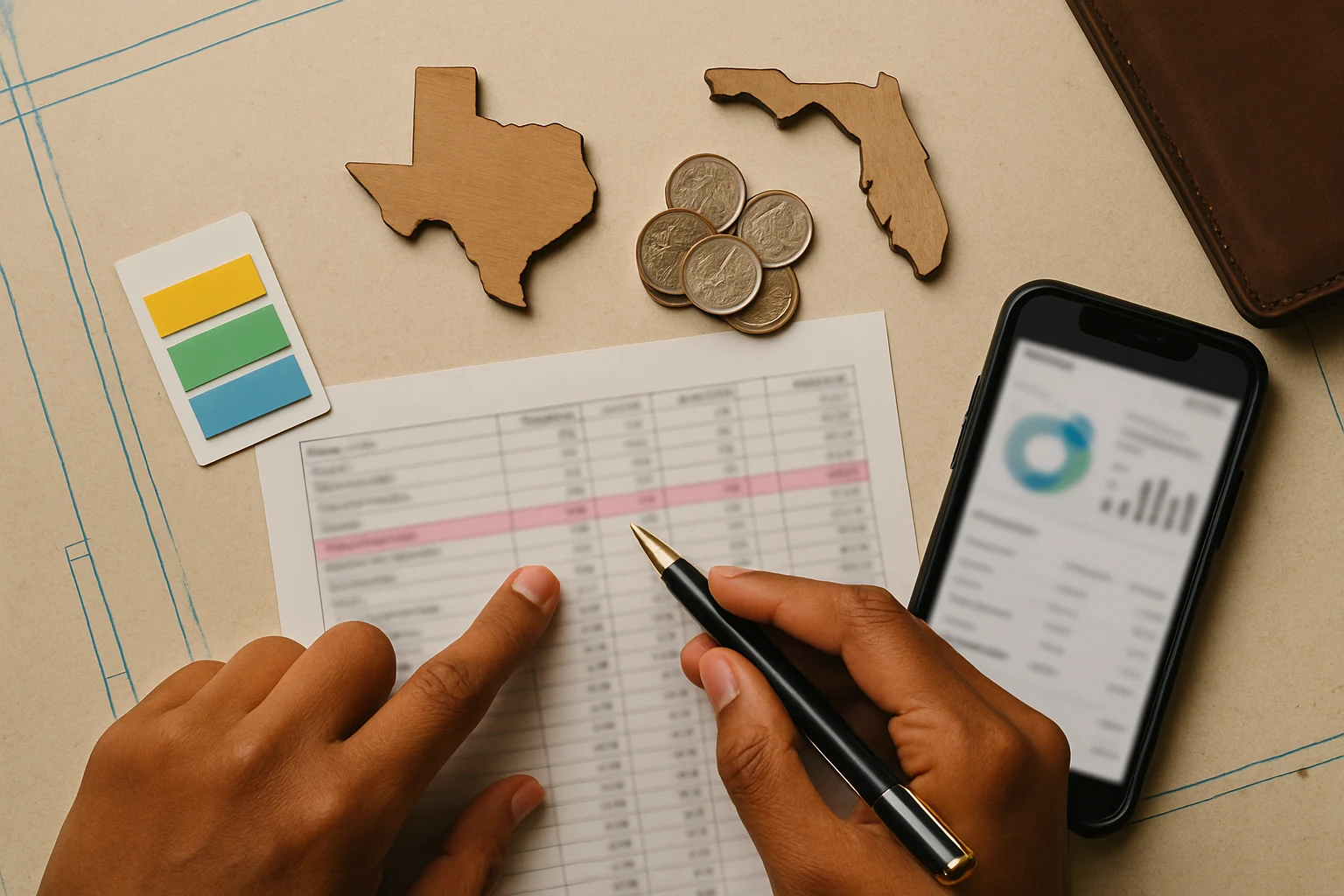 Overhead desk scene: coins, state tokens, and a budget worksheet
