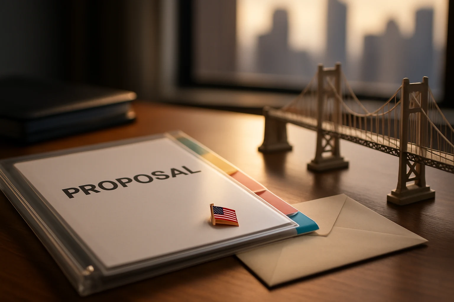 Binder, bridge model and small flag pin on a desk.