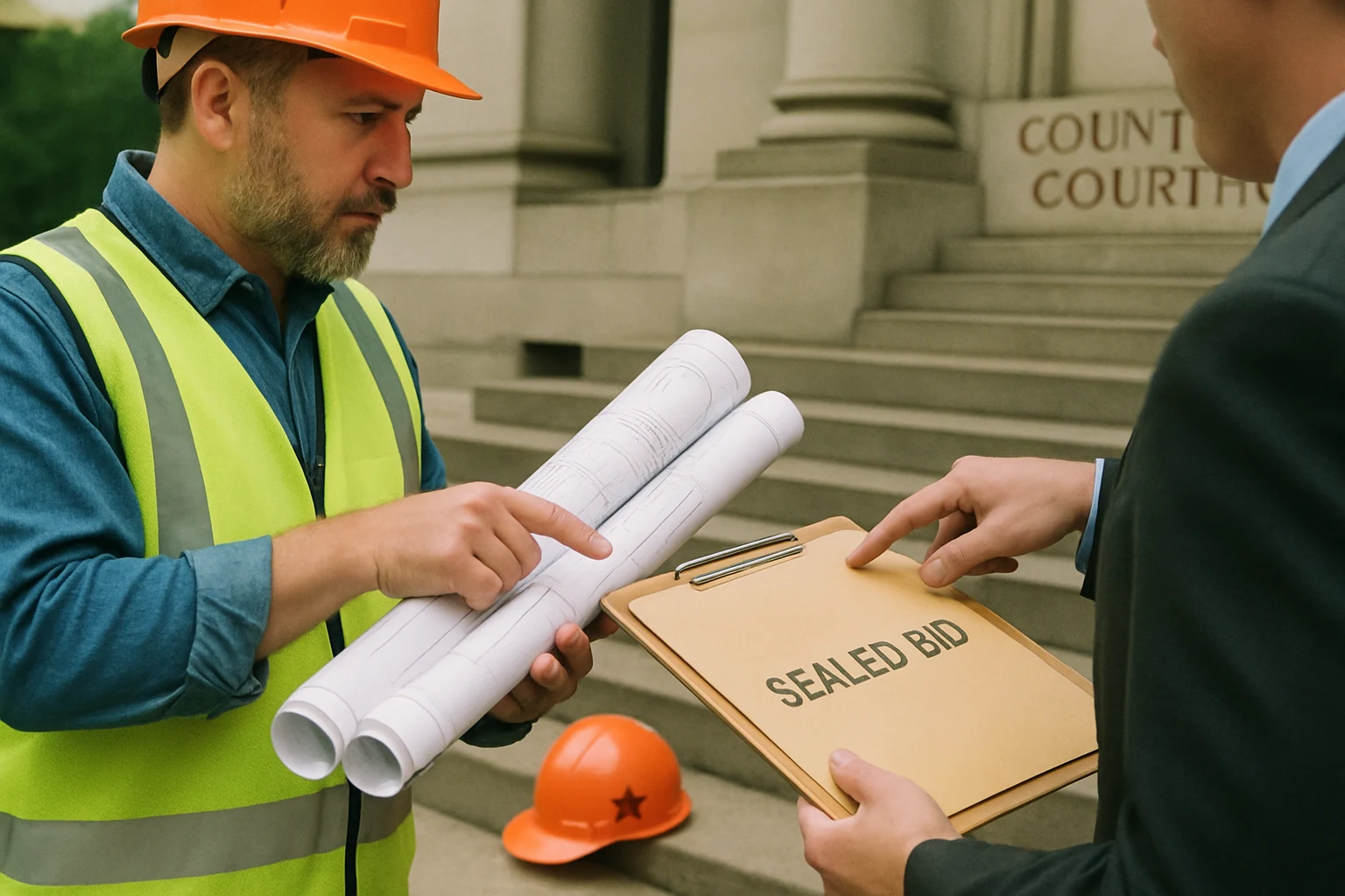 Two professionals reviewing rolled plans on courthouse steps.