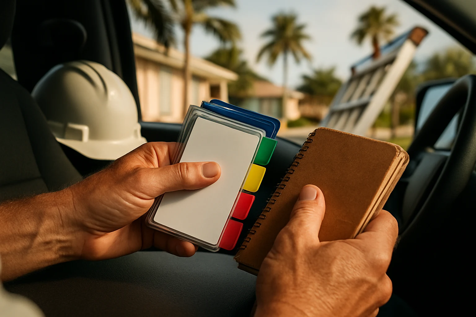 Close-up of contractor sorting color-tabbed lead cards
