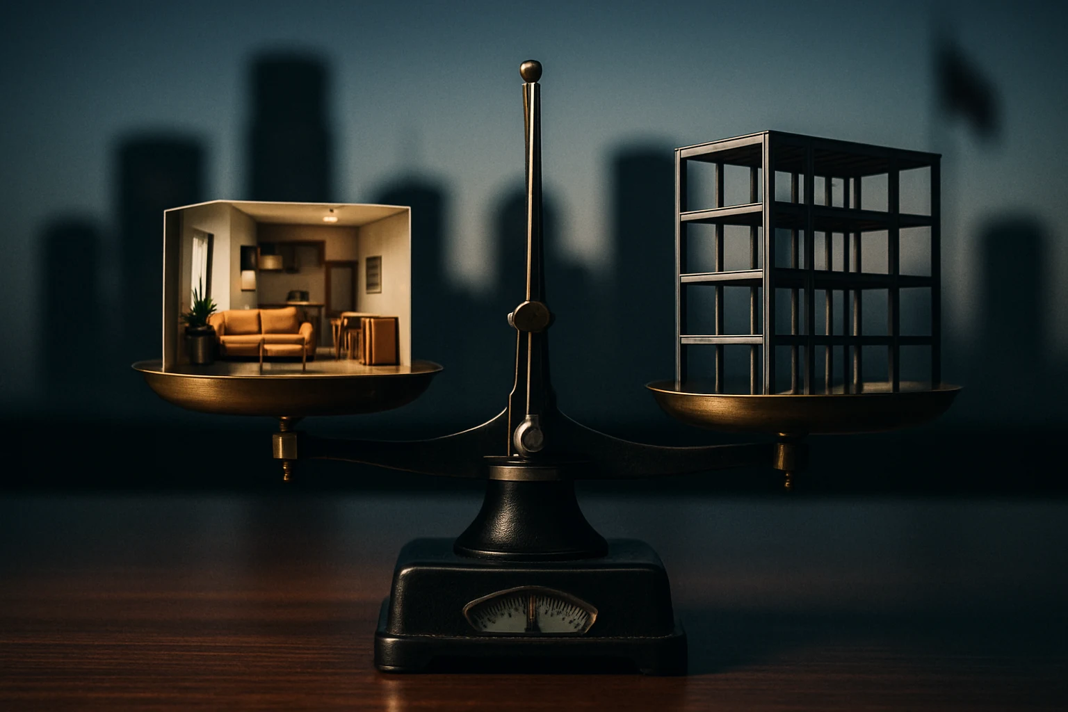 Balance scale with interior model and steel-frame shell