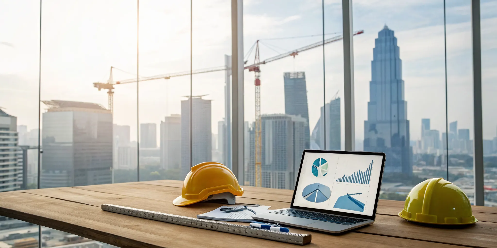 A contractor reviews construction bid leads on a laptop, with hard hats and a city skyline with cranes.