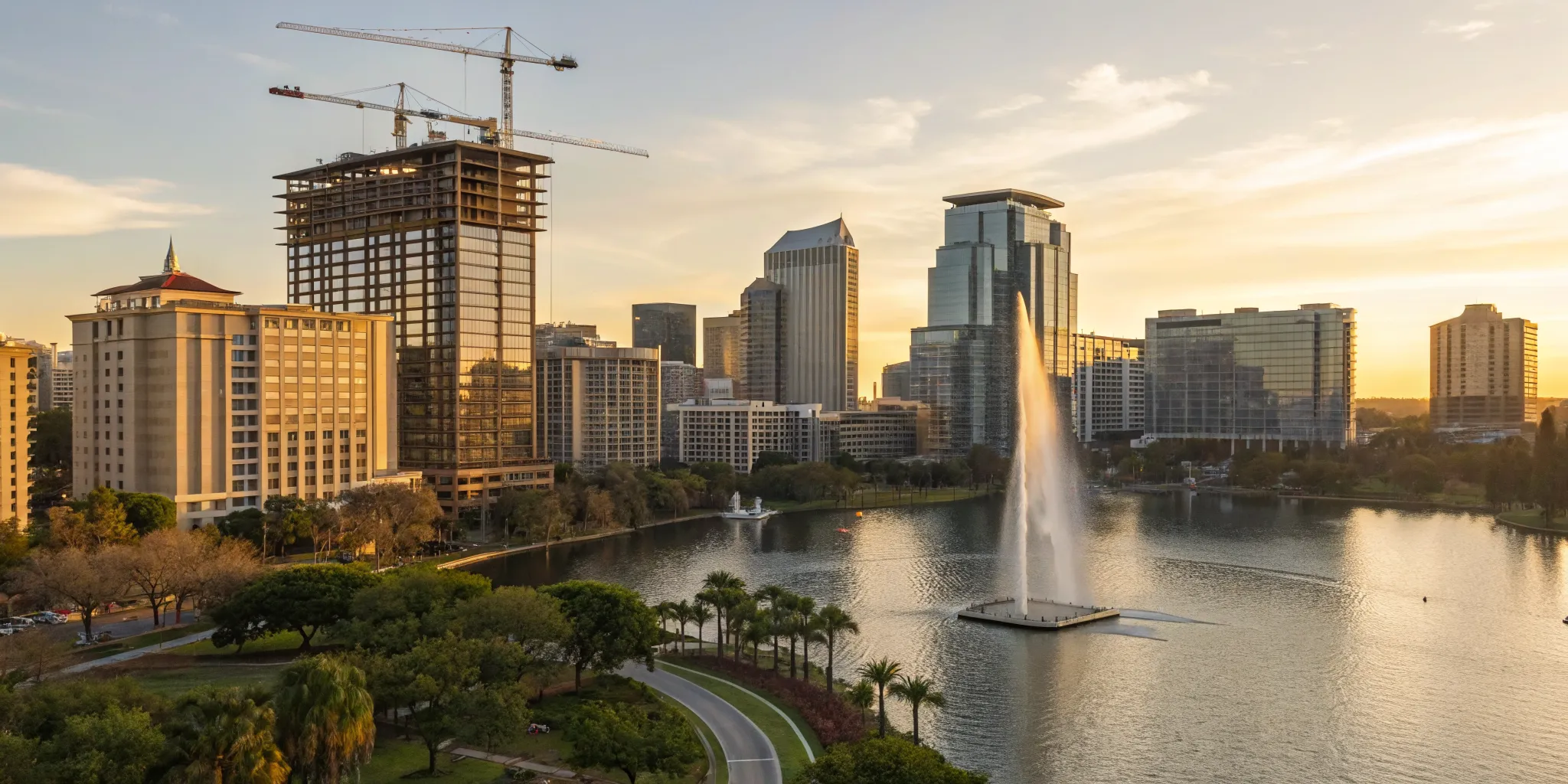 New commercial construction projects and cranes on the Orlando skyline at sunset.