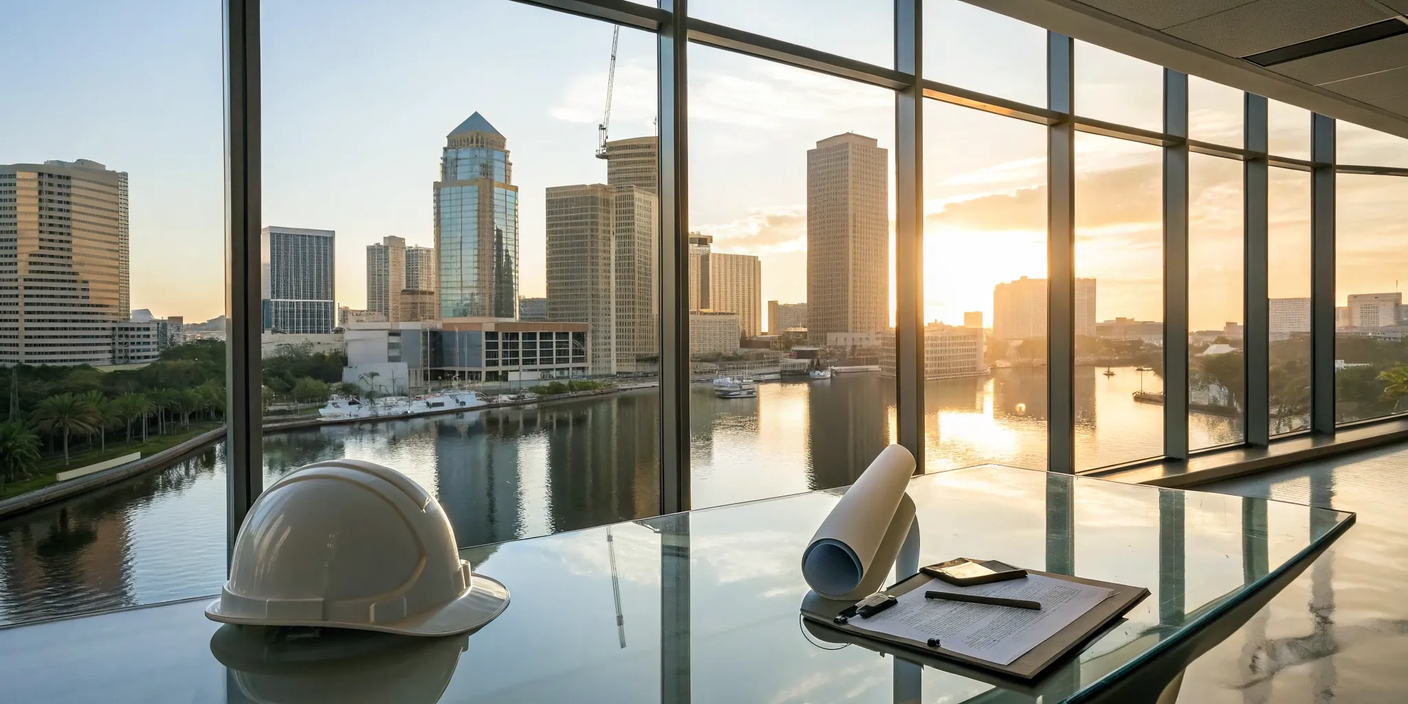 Hard hat and plans for upcoming commercial construction projects overlooking the Tampa skyline.