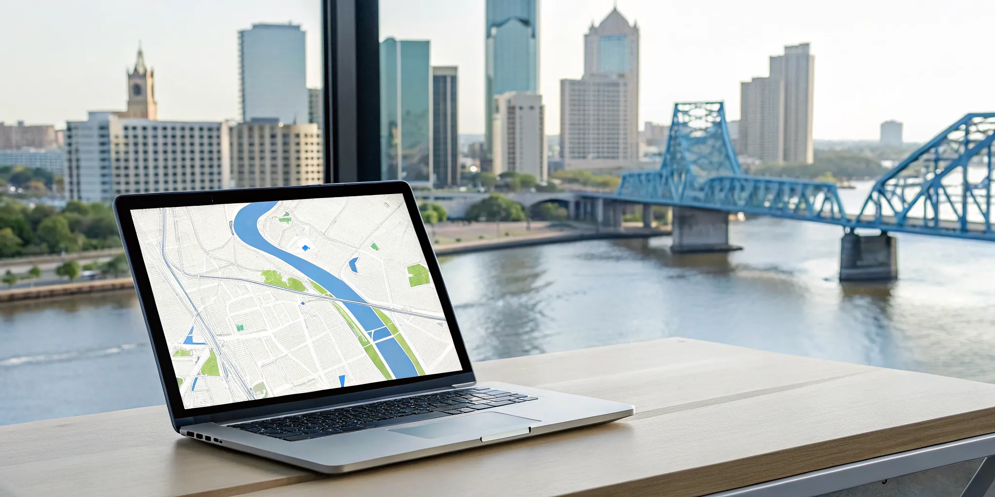 Searching the Jacksonville commercial permits database on a laptop with a city map.