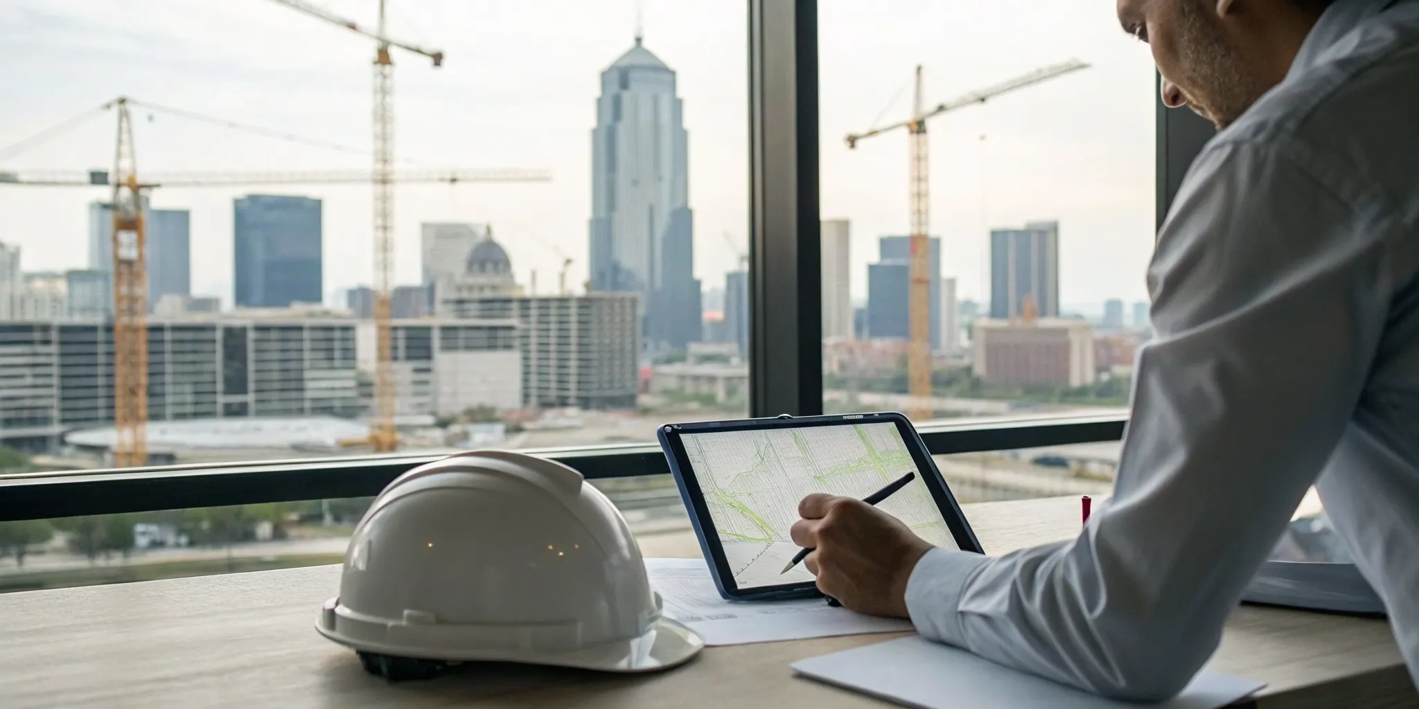 Indiana contractor checks construction permit alerts on a tablet with a hard hat and cranes in the background.