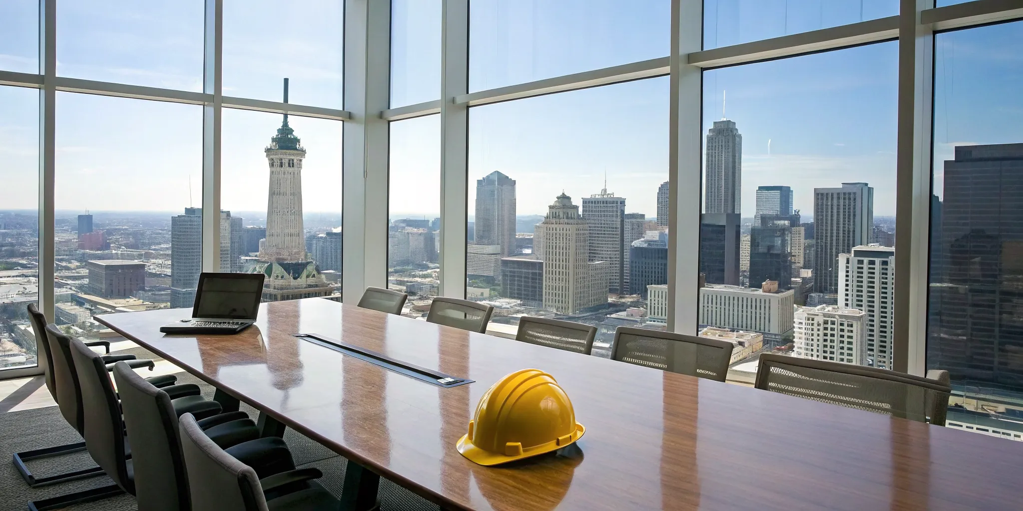 A hard hat and laptop for commercial construction lead generation overlooking the Indianapolis skyline.