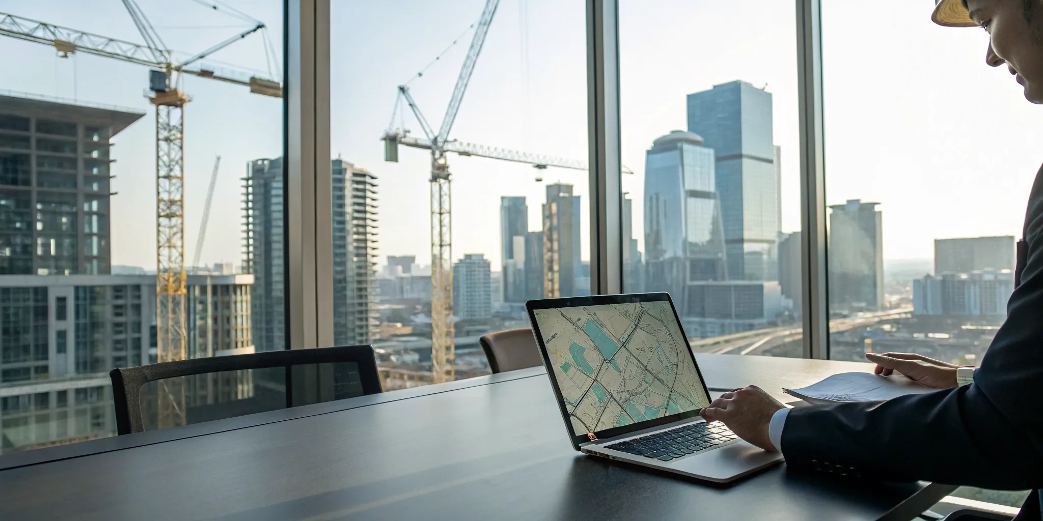 Contractor researches upcoming commercial construction projects in Indiana on a laptop overlooking city cranes.