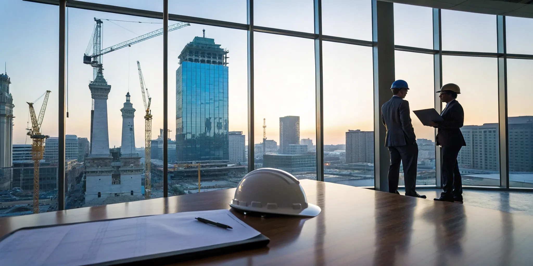 Professionals discussing plans for commercial construction leads in Indianapolis.