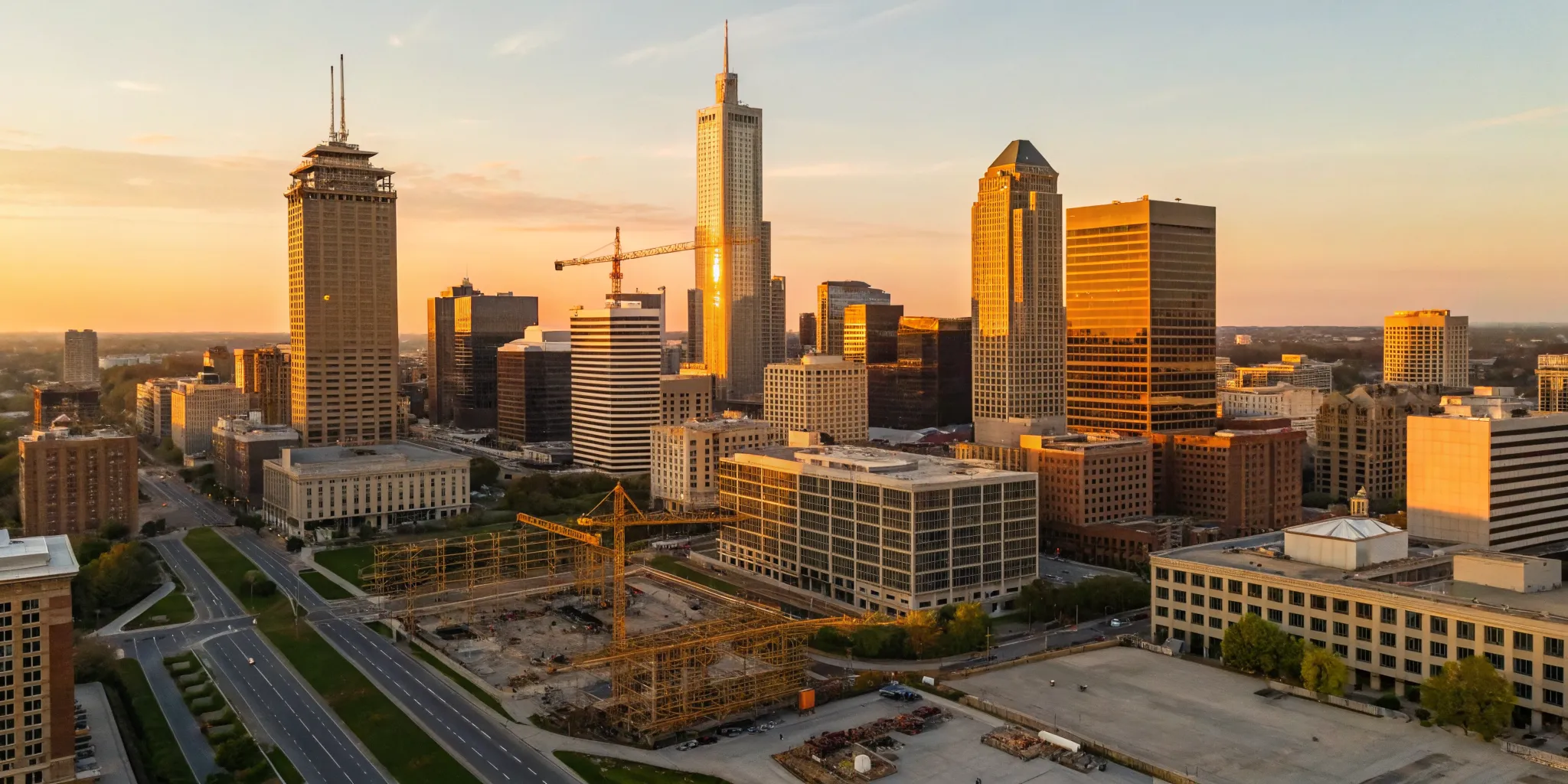 Upcoming commercial construction projects in Indianapolis with cranes on the skyline.
