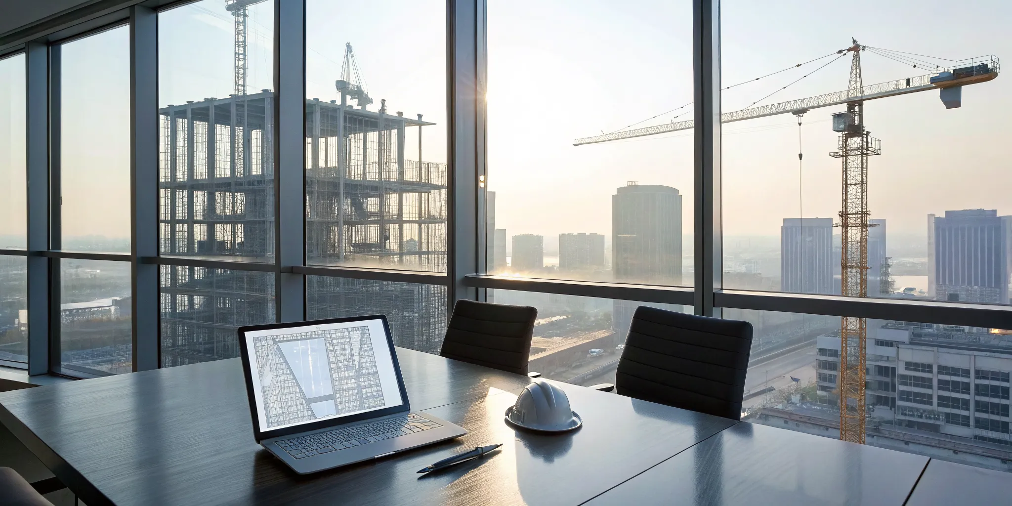 A laptop, hard hat, and construction plans on a desk for a data-driven construction BD strategy.