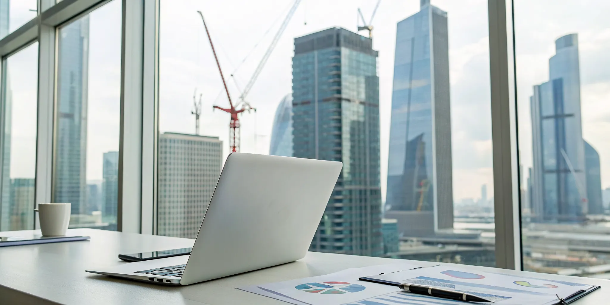 Laptop on a desk showing commercial permit tracking software with a city view.