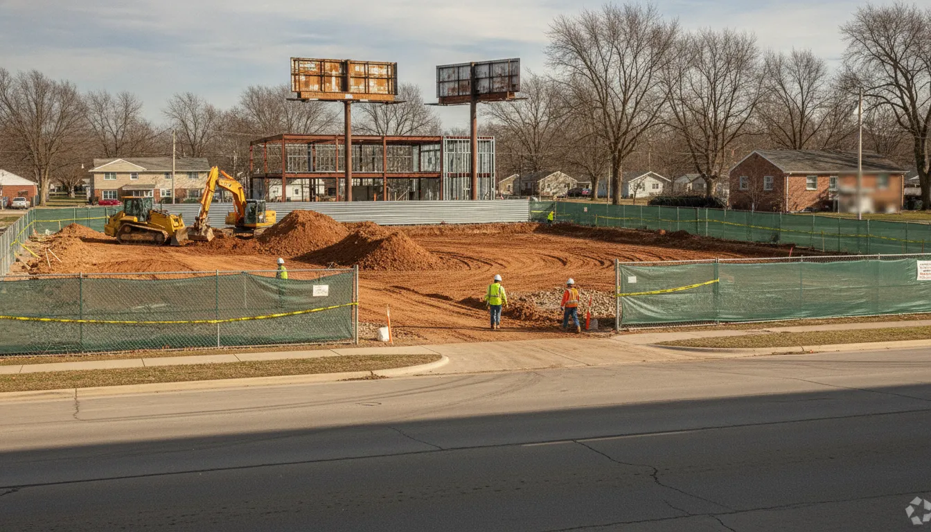 Commercial development site with active earthwork in Indiana