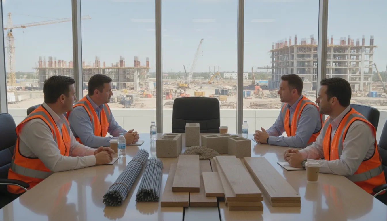 Procurement team meeting with steel, lumber and concrete material samples at a Texas GC office