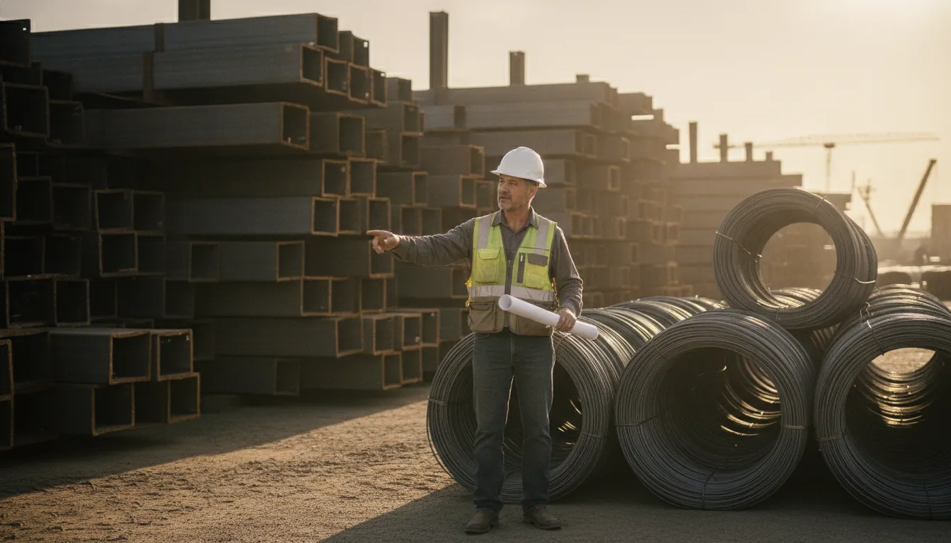 Procurement manager reviewing steel rebar delivery schedule at a Texas materials yard