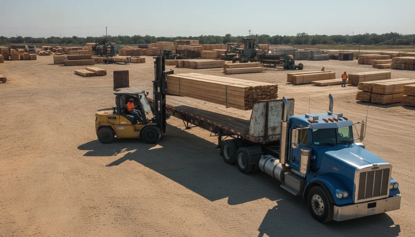 Forklift unloading lumber pallets at a Texas construction supply yard