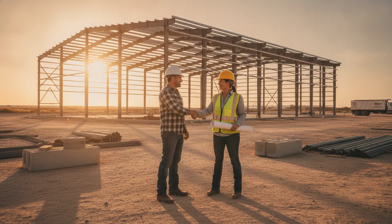 General contractor shaking hands with a building materials supplier at a Texas job site