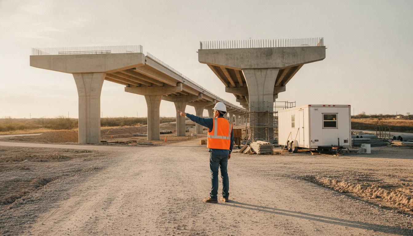 Construction estimator in hard hat pointing at a concrete highway overpass under construction in Texas