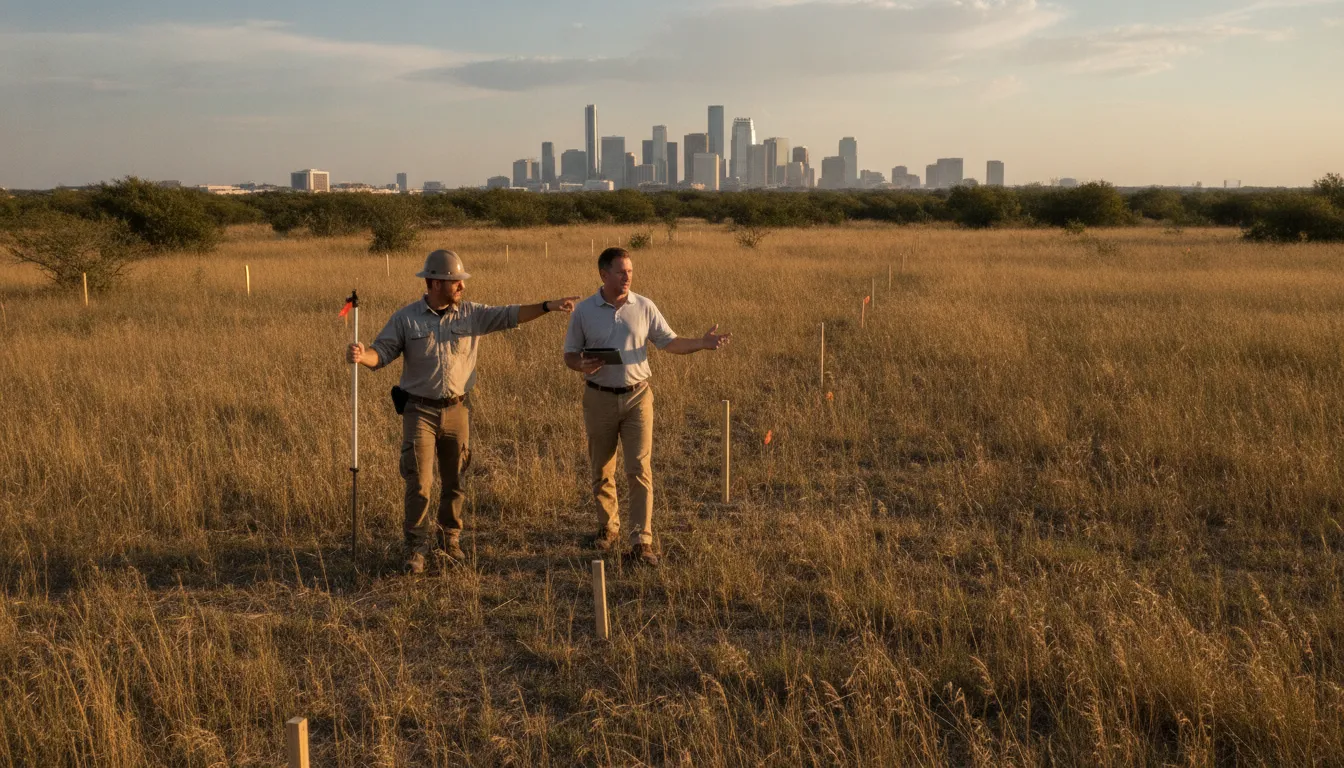 Surveyor and commercial developer walking a Texas lot with survey stakes, city skyline in distance