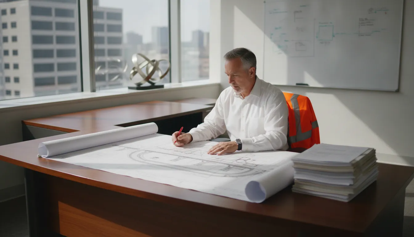 Construction estimator reviewing highway infrastructure bid documents in an Indiana office