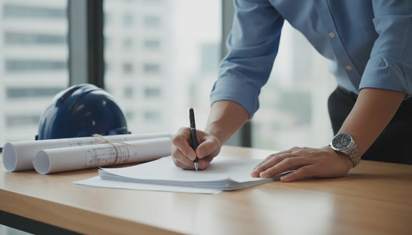 Contractor signing bid proposal documents with hard hat and blueprints on desk