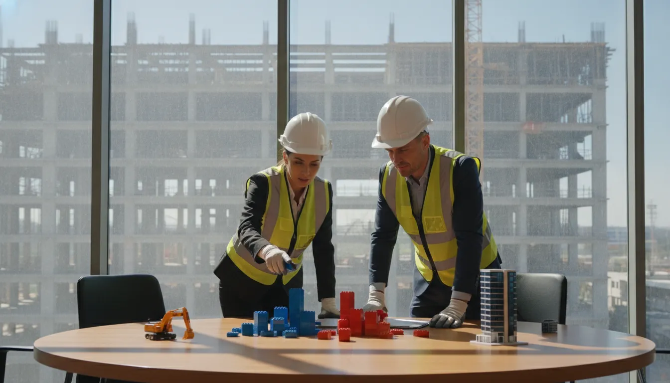 Business development leaders in hard hats discussing bid win-loss outcomes