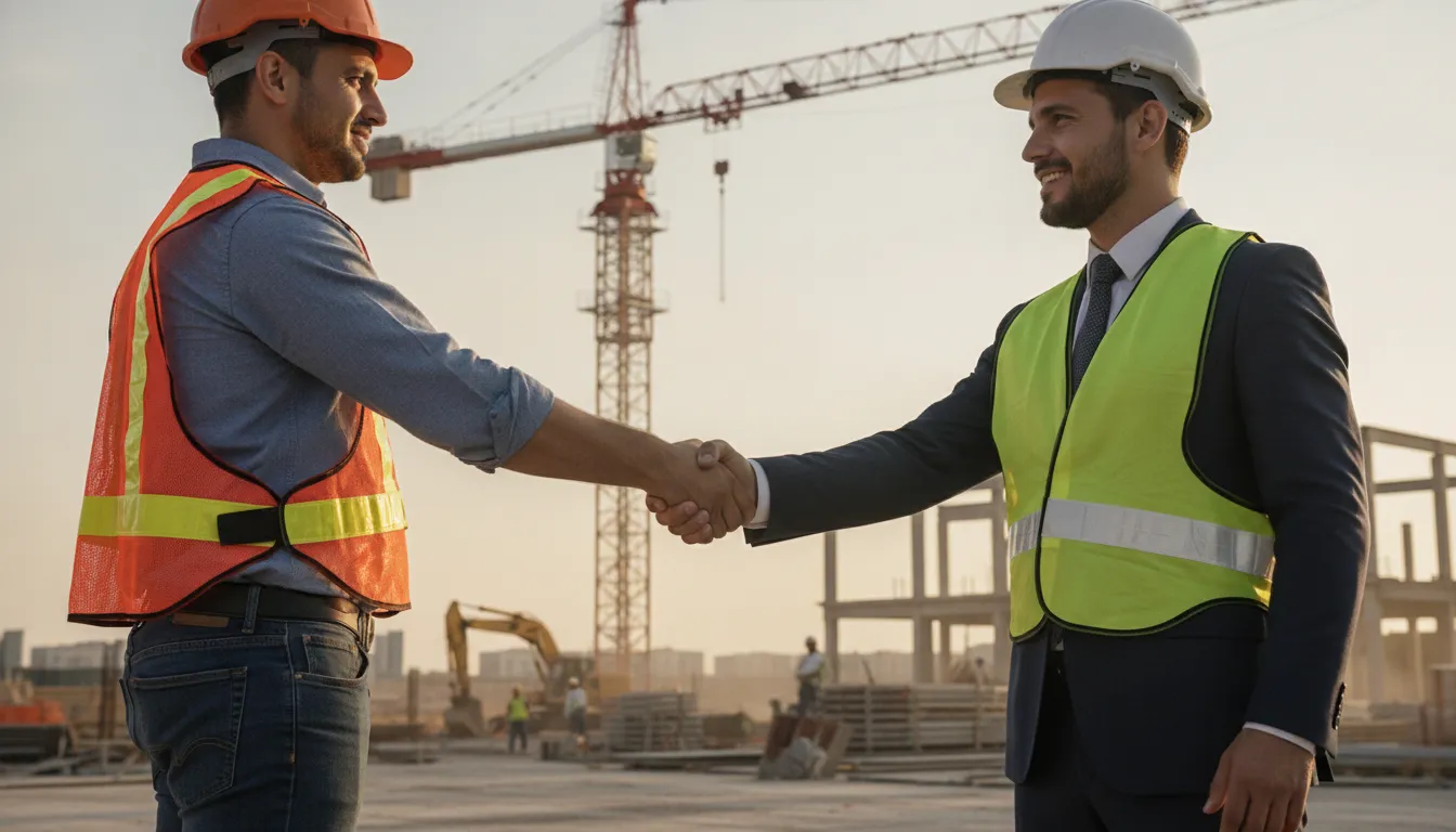 General contractor and private developer shaking hands at a commercial construction site