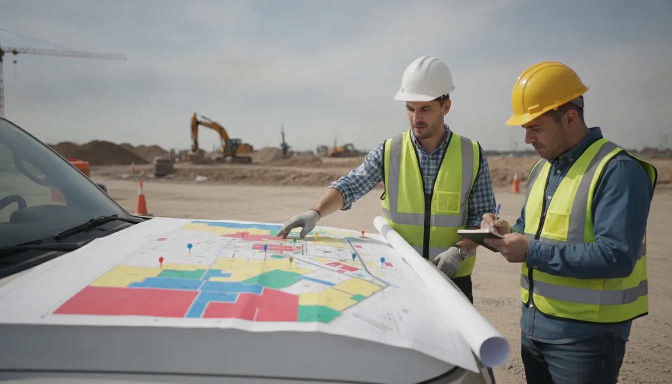 Developer and construction manager reviewing zoning and site plan details