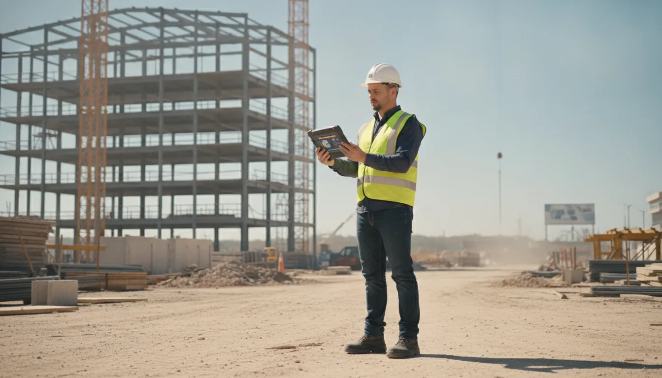 Construction manager checking project progress beside a steel frame building