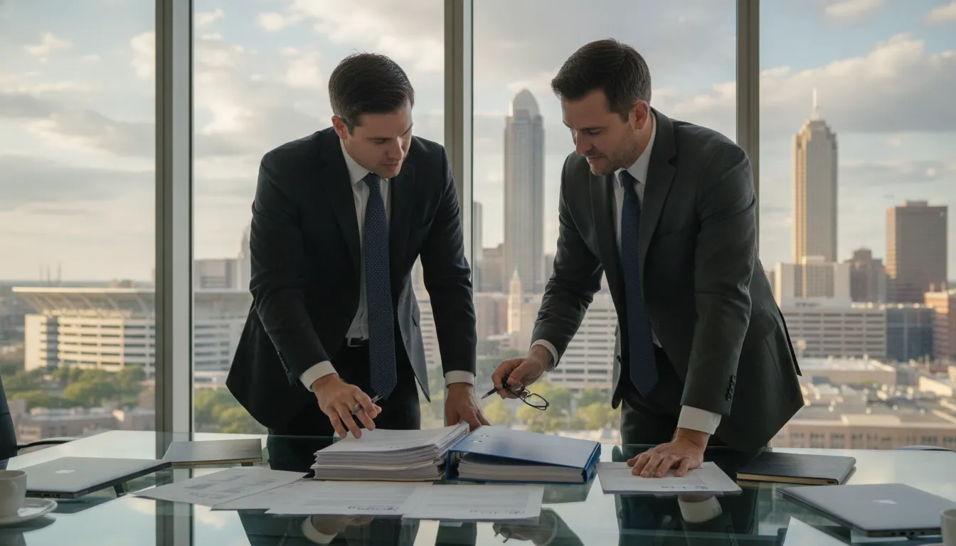 Contractor reviewing public RFP bid documents at a desk