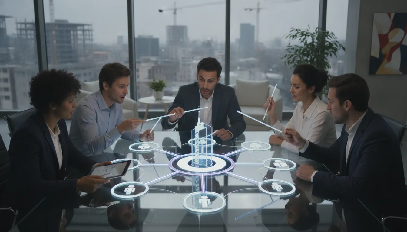 Business development team collaborating around a construction network diagram