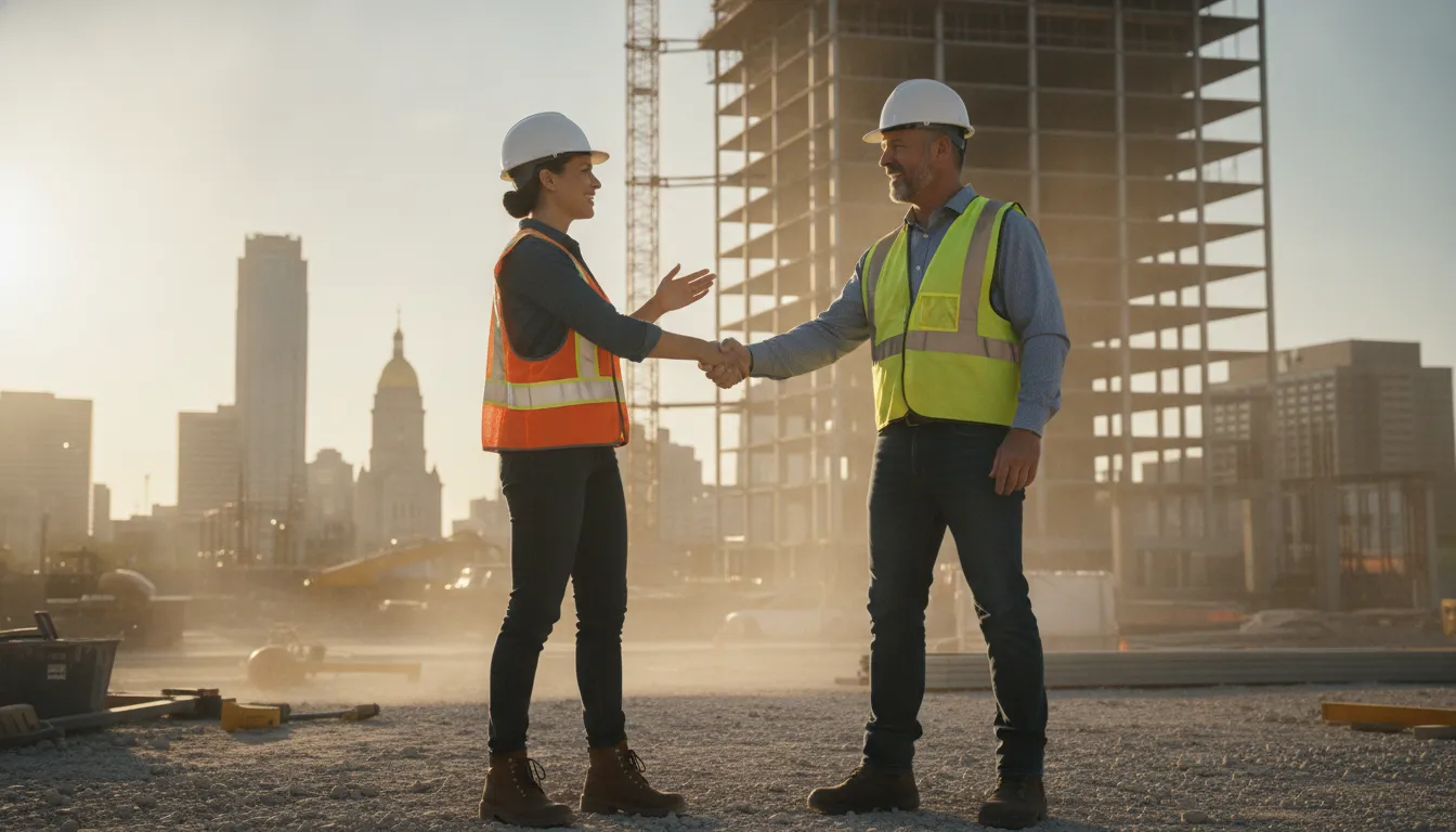 Two construction executives shaking hands on an Indianapolis commercial job site