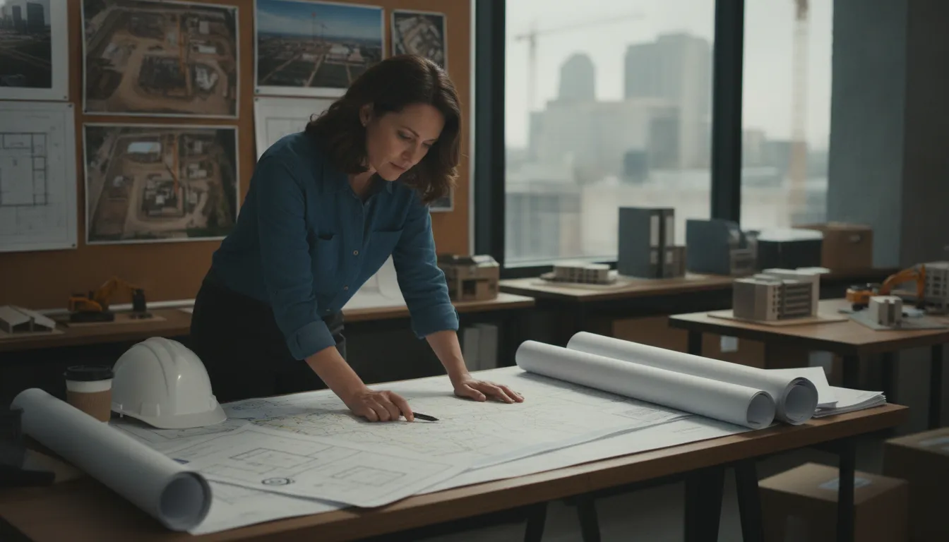 Construction project manager reviewing site plans and permit documents in an Indiana office