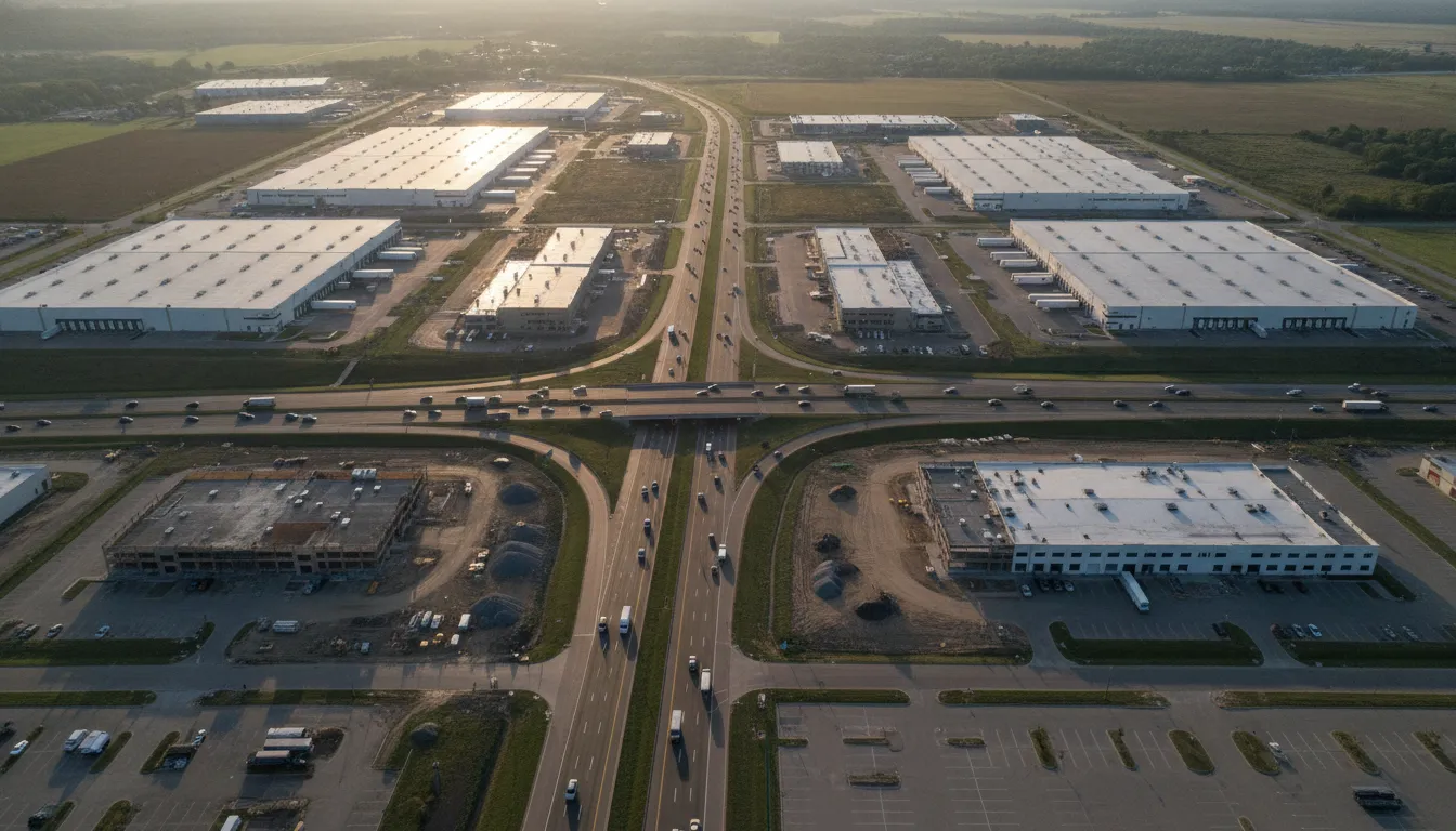 Aerial view of an Indiana commercial corridor with warehouses and new buildings along the interstate