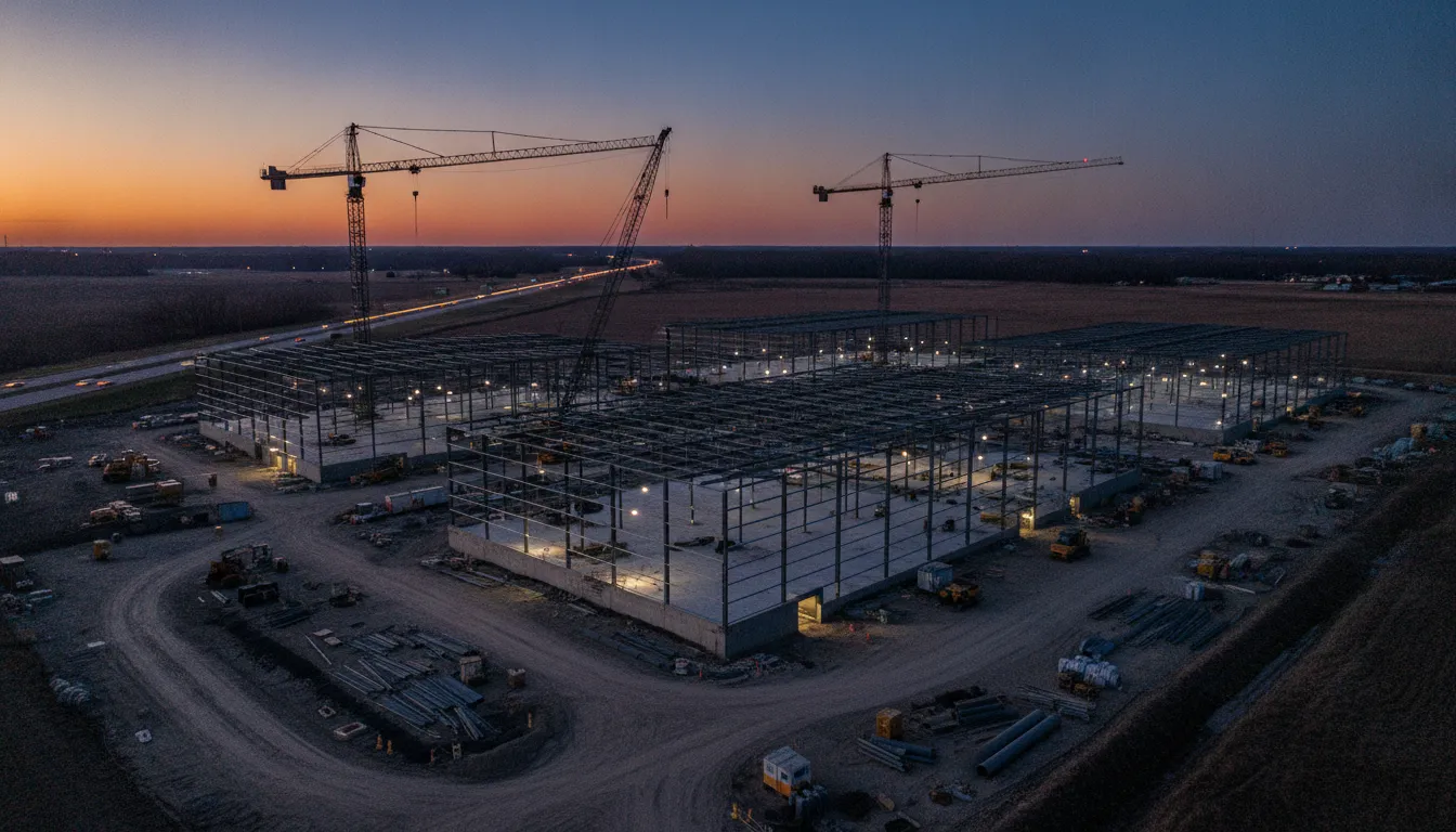 A large data center and logistics warehouse under construction in Indiana at dusk